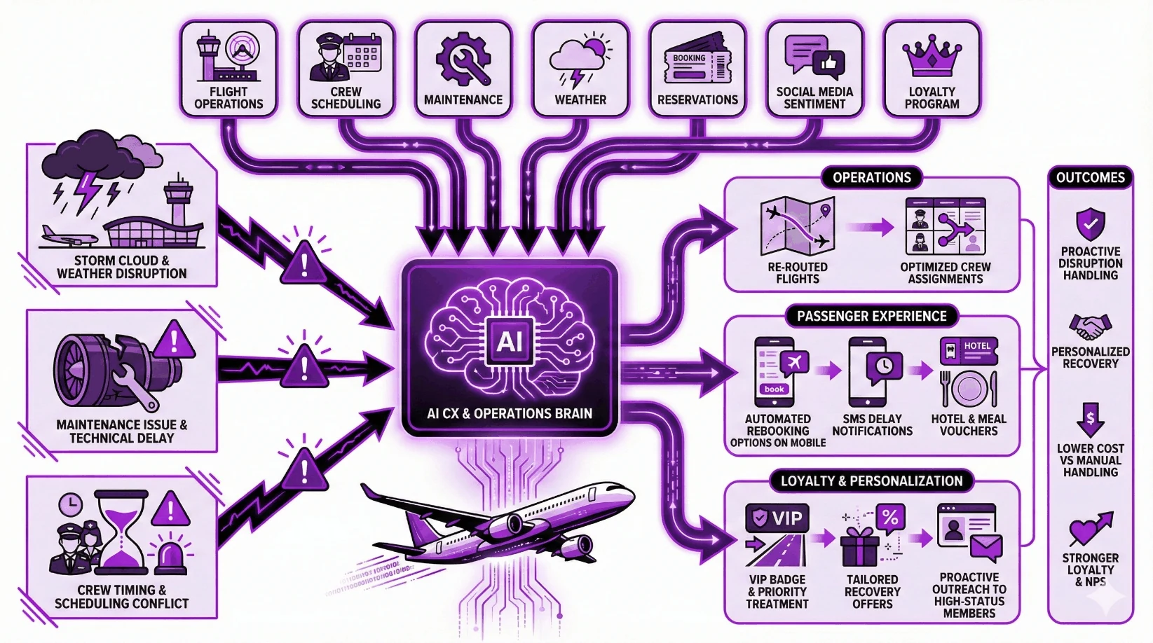 Operations and customer-experience brain connecting airline systems to recovery actions.