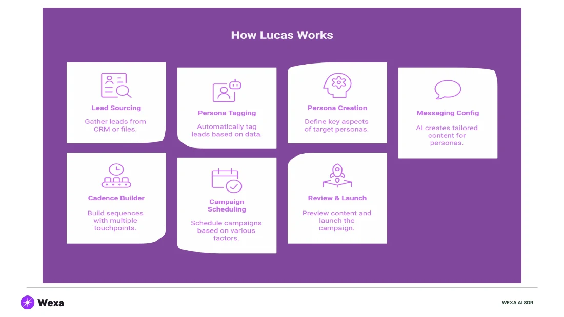 How the Wexa sales development agent works: sourcing, persona tagging, messaging, cadence, scheduling, review and launch.