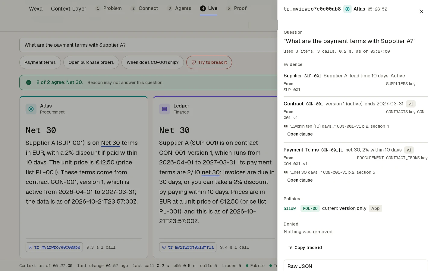 Live answers from two agents with the trace drawer showing evidence rows, contract clauses and the policy applied (product screen).