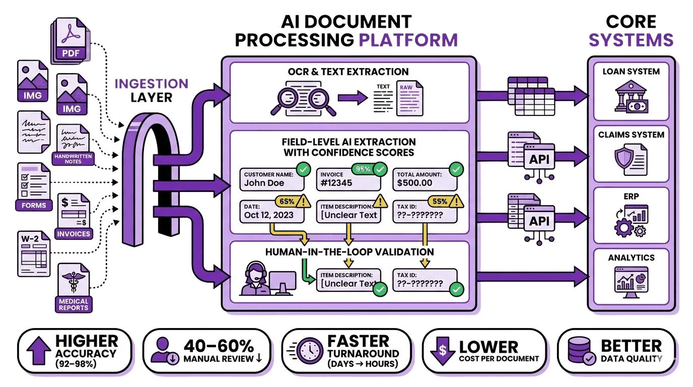 Document-processing architecture used in the proof of concept: ingestion → OCR → field-level extraction with confidence scores → human-in-the-loop validation → core systems. Percentages on the figure are platform design targets.